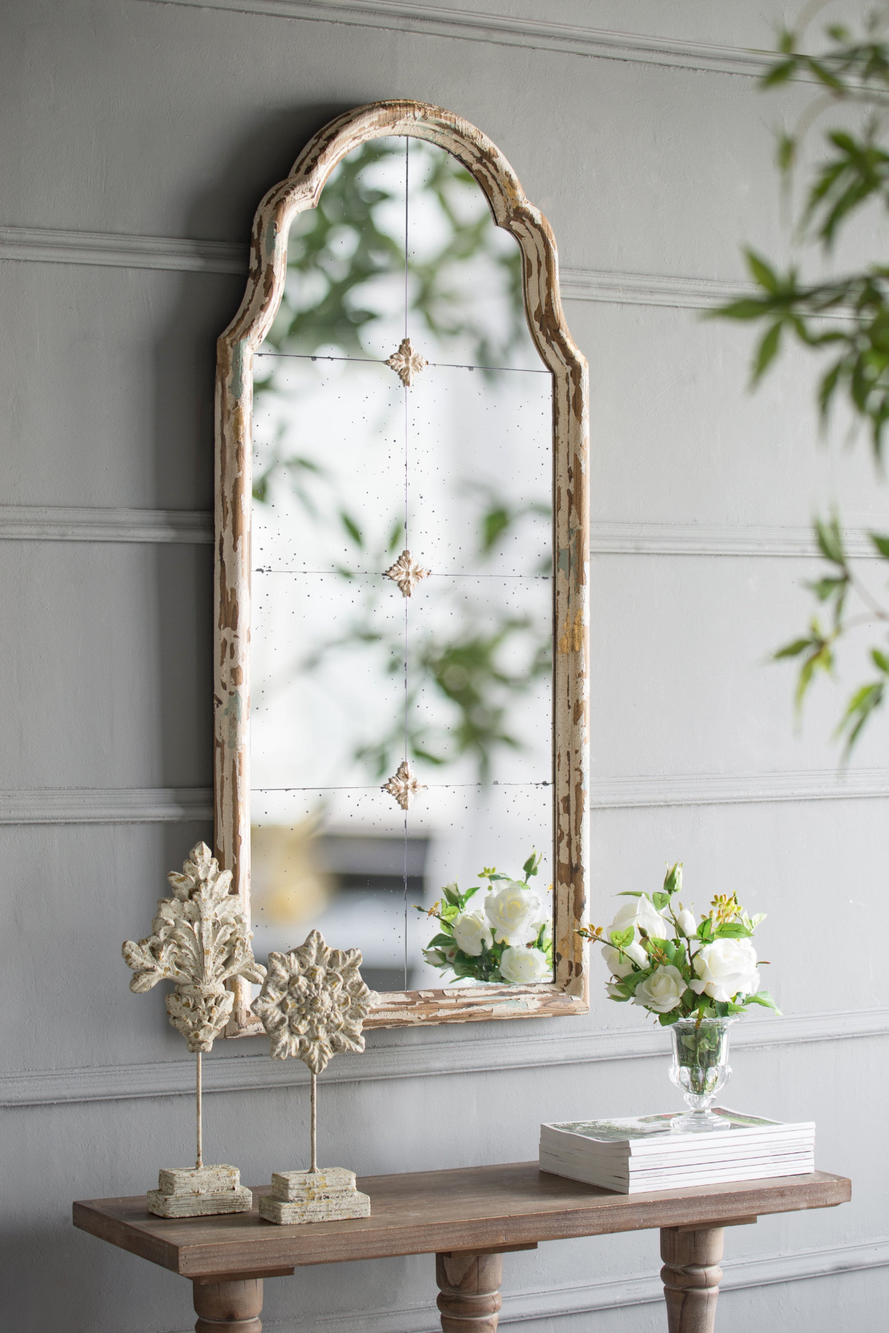 Wall mirror | Large Cream & Gold Framed Wall Mirror, Wood Arched Mirror with Decorative Window Look for Living Room, Bathroom, Entryway | casafoyer.myshopify.com