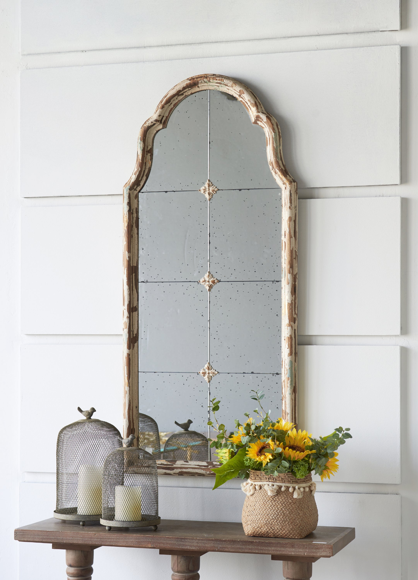 Wall mirror | Large Cream & Gold Framed Wall Mirror, Wood Arched Mirror with Decorative Window Look for Living Room, Bathroom, Entryway | casafoyer.myshopify.com