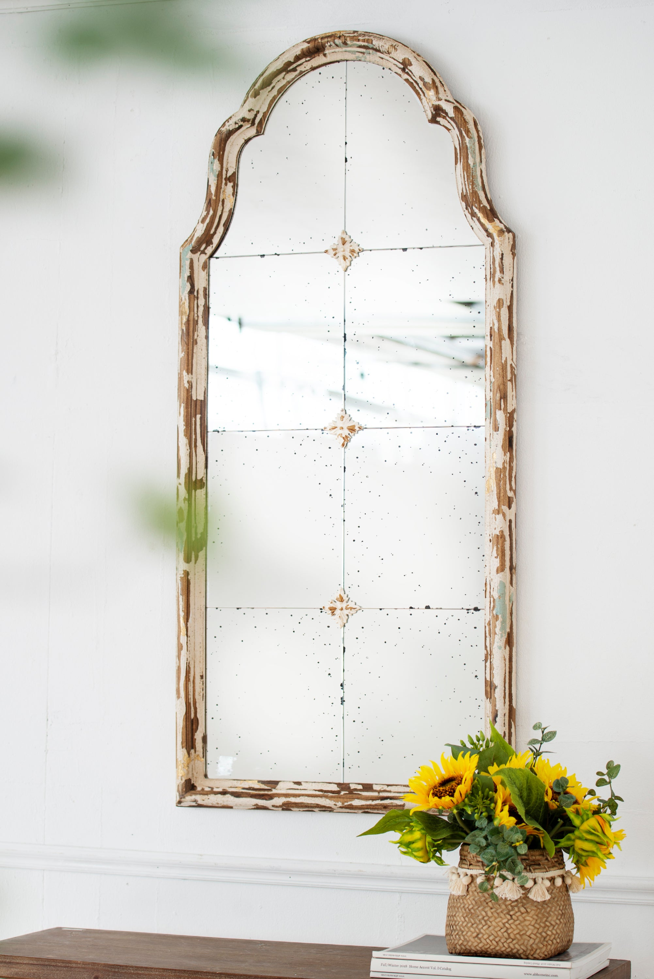 Wall mirror | Large Cream & Gold Framed Wall Mirror, Wood Arched Mirror with Decorative Window Look for Living Room, Bathroom, Entryway | casafoyer.myshopify.com