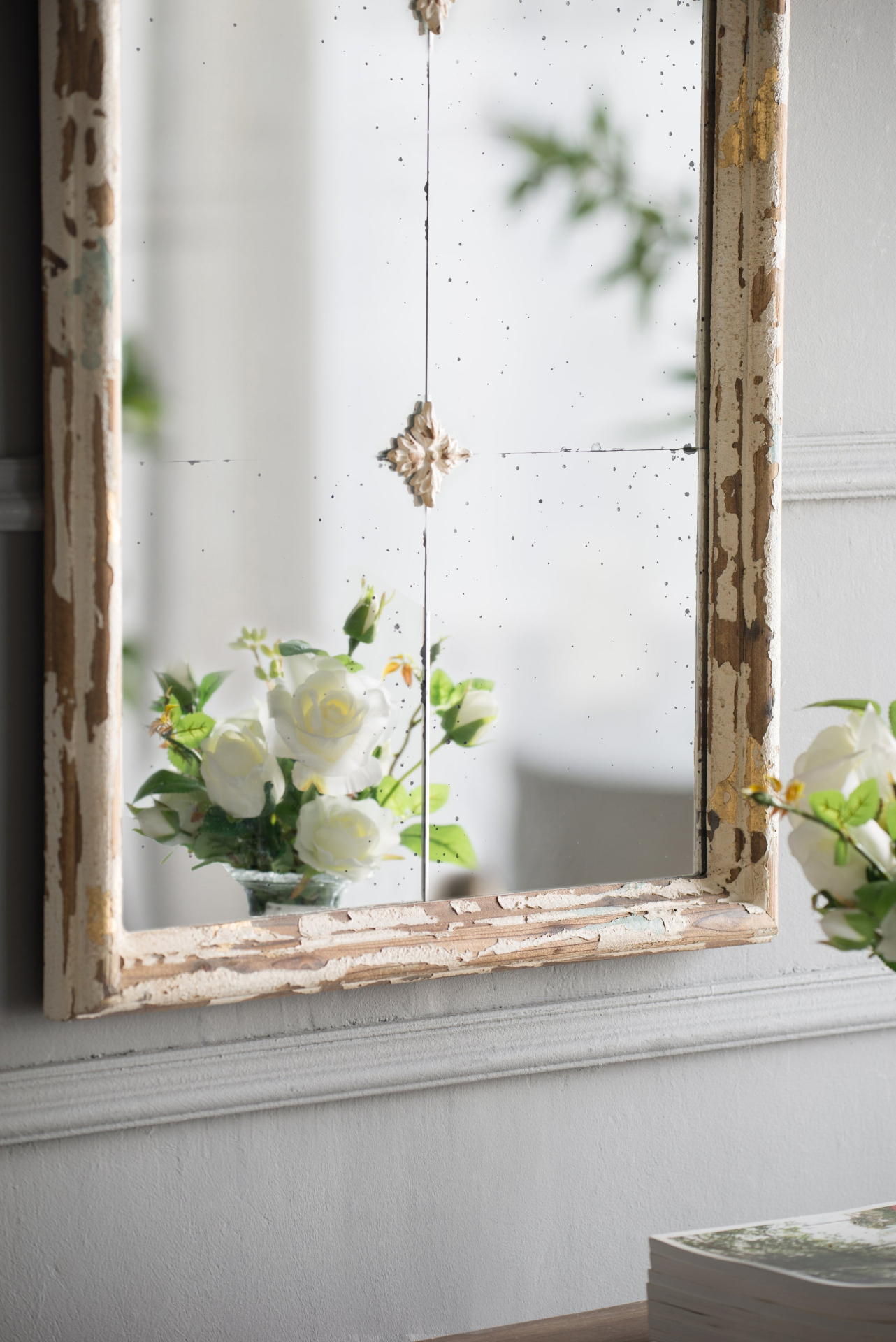 Wall mirror | Large Cream & Gold Framed Wall Mirror, Wood Arched Mirror with Decorative Window Look for Living Room, Bathroom, Entryway | casafoyer.myshopify.com