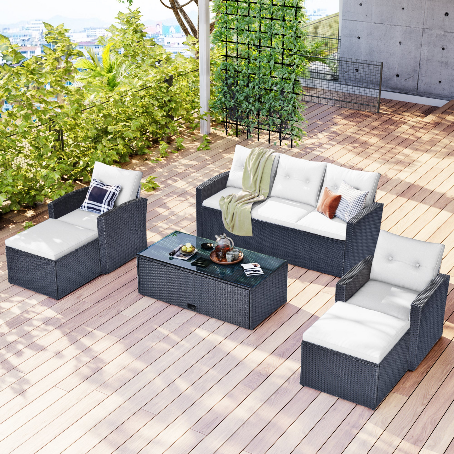 Patio Furntiure Sets | 6-piece All-Weather Wicker PE rattan Patio Outdoor Dining Conversation Sectional Set with coffee table, wicker sofas, ottomans, removable cushions (Black wicker, Beige cushion) | casafoyer.myshopify.com