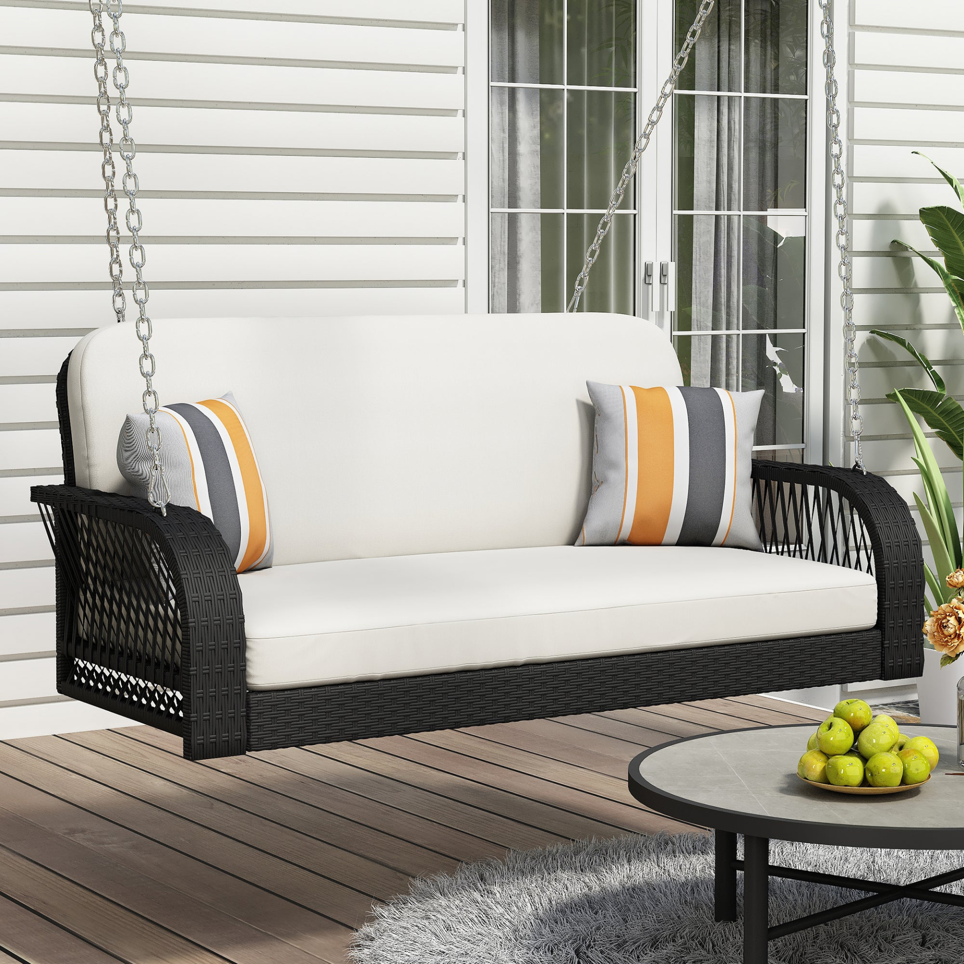 Patio Furntiure Sets | PE Wicker Porch Swing, 2-Seater Hanging Bench With Chains, Patio Furniture Swing For Backyard Garden Poolside, Black And Beige | casafoyer.myshopify.com