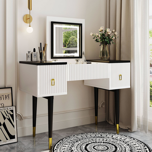 [product_type] | 43.3" Modern Vanity Table Set with Flip-top Mirror and LED Light, Dressing Table with Customizable Storage, White and Black | casafoyer.myshopify.com