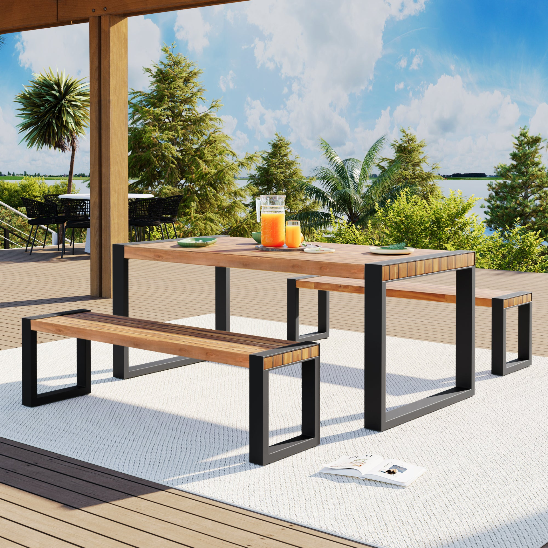 Patio Furntiure Sets | 3-Piece Outdoor Dining Table Set with 2 Benches | Patio Dining Set | casafoyer.myshopify.com