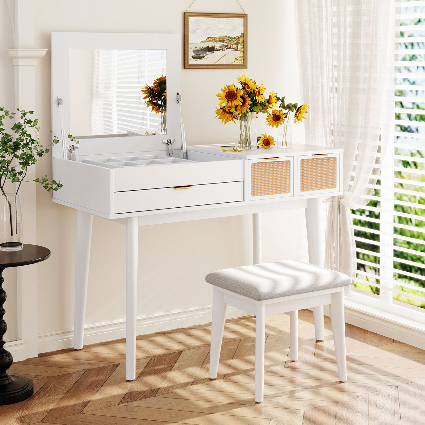 DRESSER | Classic Wood Makeup Vanity Set with Flip-top Mirror and Stool, Dressing Table with Three Drawers and storage space, White | casafoyer.myshopify.com