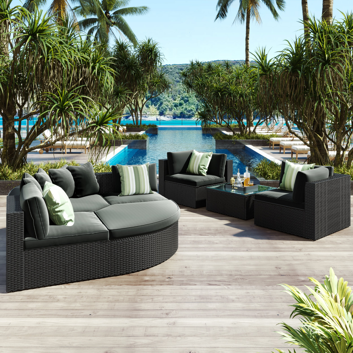 Patio Furntiure Sets | 7-Piece Outdoor Wicker Sofa Set - Rattan Sofa Lounger with Striped Green Pillows | casafoyer.myshopify.com