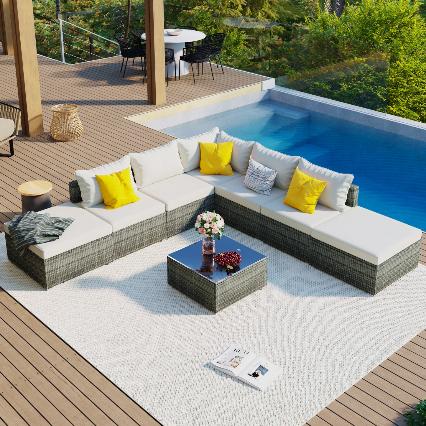 Patio Furntiure Sets | 8-Pieces Outdoor Patio Furniture Sets, Garden Conversation Wicker Sofa Set, Single Sofa Combinable, Beige Cushions Gray Wicker | casafoyer.myshopify.com