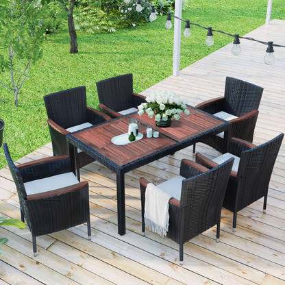 Patio Furntiure Sets | 7-Piece Outdoor Patio Dining Set, Garden PE Rattan Wicker Dining Table and Chairs Set, Acacia Wood Tabletop, Stackable Armrest Chairs with Cushions, Reddish-brown | casafoyer.myshopify.com