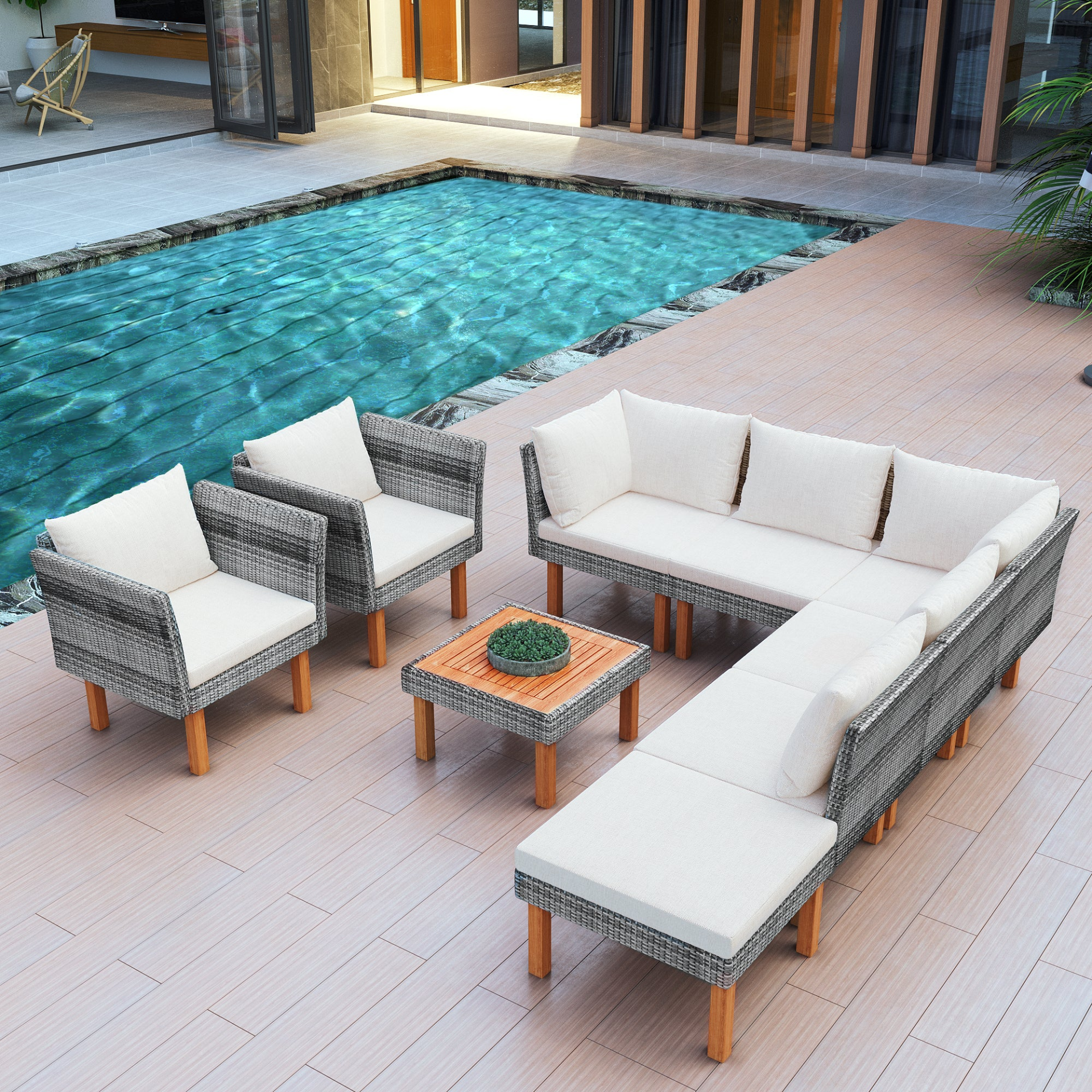 Patio Furntiure Sets | 9-Piece Outdoor Patio Garden Wicker Sofa Set, Gray PE Rattan Sofa Set | casafoyer.myshopify.com