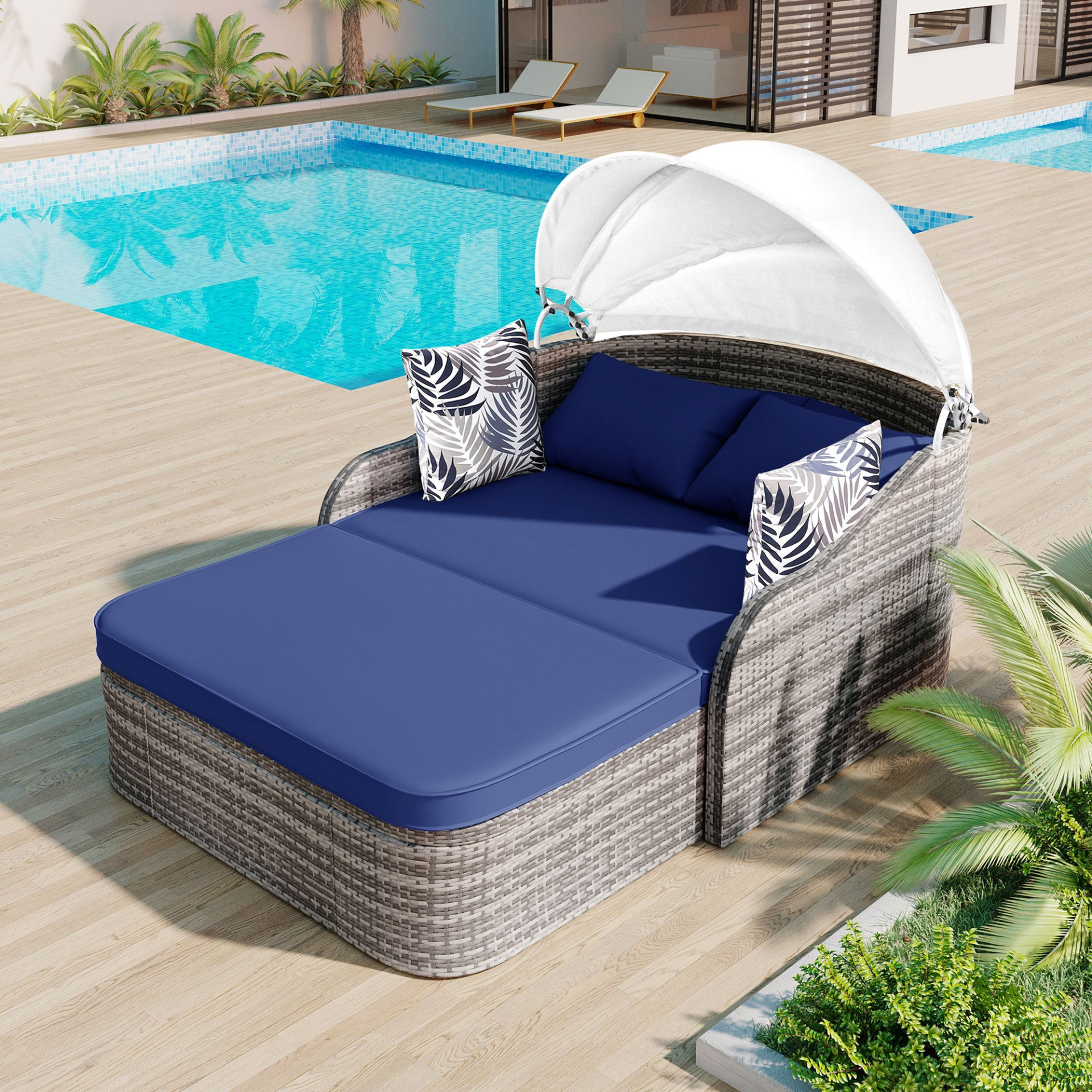 [product_type] | 79.9" Outdoor Sunbed with Adjustable Canopy, Daybed With Pillows, Double Lounge, PE Rattan Daybed, Gray Wicker And Blue Cushion | casafoyer.myshopify.com