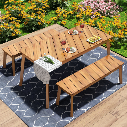 3 Pieces Acacia Wood Table Bench Dining Set For Outdoor & Indoor Furniture With 2 Benches, Picnic Beer Table for Patio, Porch, Garden, Poolside, Natural