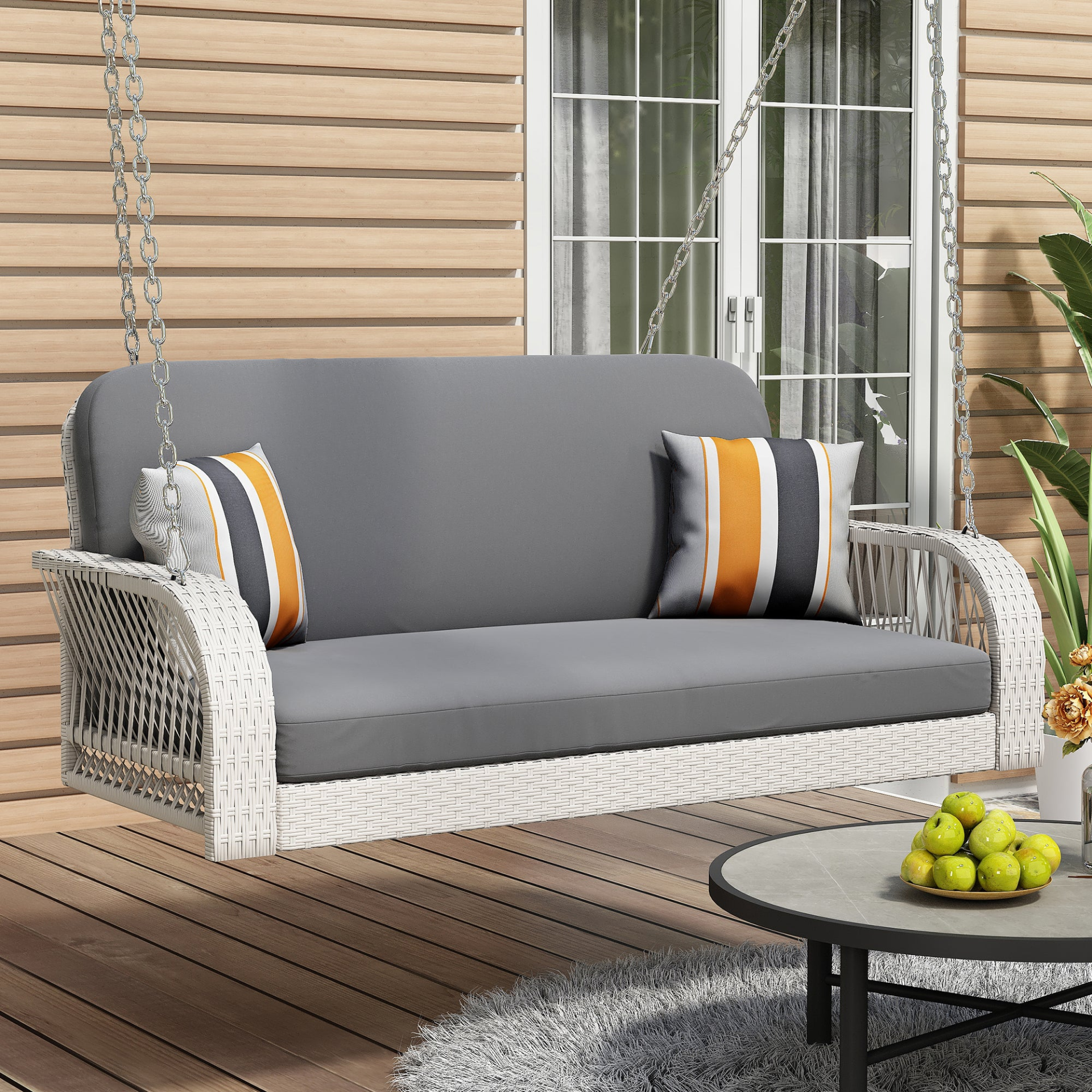 Patio Furntiure Sets | PE Wicker Porch Swing, 2-Seater Hanging Bench With Chains, Patio Furniture Swing For Backyard Garden Poolside, White And Gray | casafoyer.myshopify.com