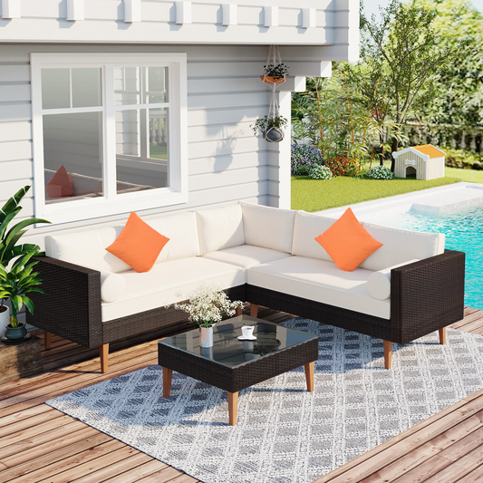 Patio Furntiure Sets | 4-pieces Outdoor Wicker Sofa Set, Patio Furniture with Colorful Pillows, L-shape Sofa Set, Beige Cushions and Brown Rattan | casafoyer.myshopify.com