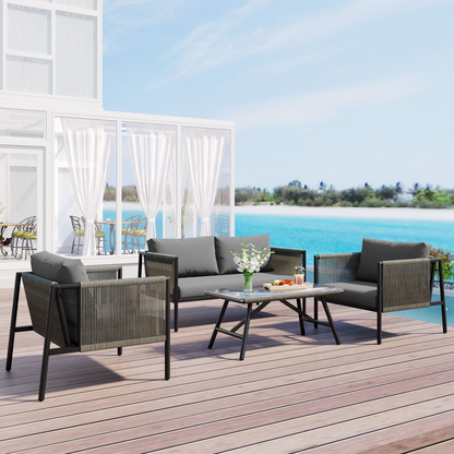 Sofa & Chair sets | 4-Piece Rope Sofa Set with Thick Cushions and Toughened Glass Table, All-Weather Patio Furniture Set, Gray | casafoyer.myshopify.com