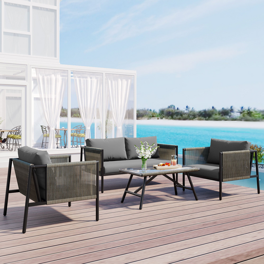 Sofa & Chair sets | 4-Piece Rope Sofa Set with Thick Cushions and Toughened Glass Table, All-Weather Patio Furniture Set, Gray | casafoyer.myshopify.com