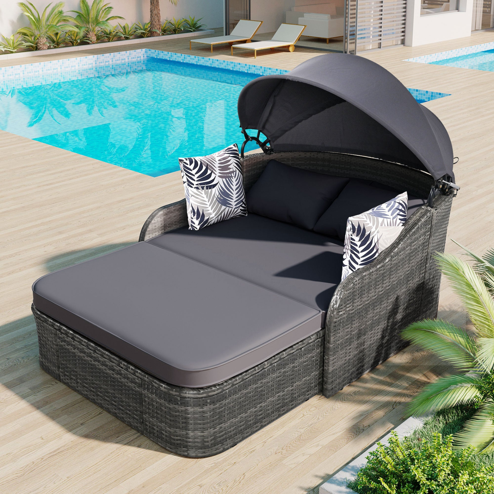 [product_type] | 79.9" Outdoor Sunbed with Adjustable Canopy, Double Lounge, PE Rattan Daybed, Gray Wicker and Cushion | casafoyer.myshopify.com