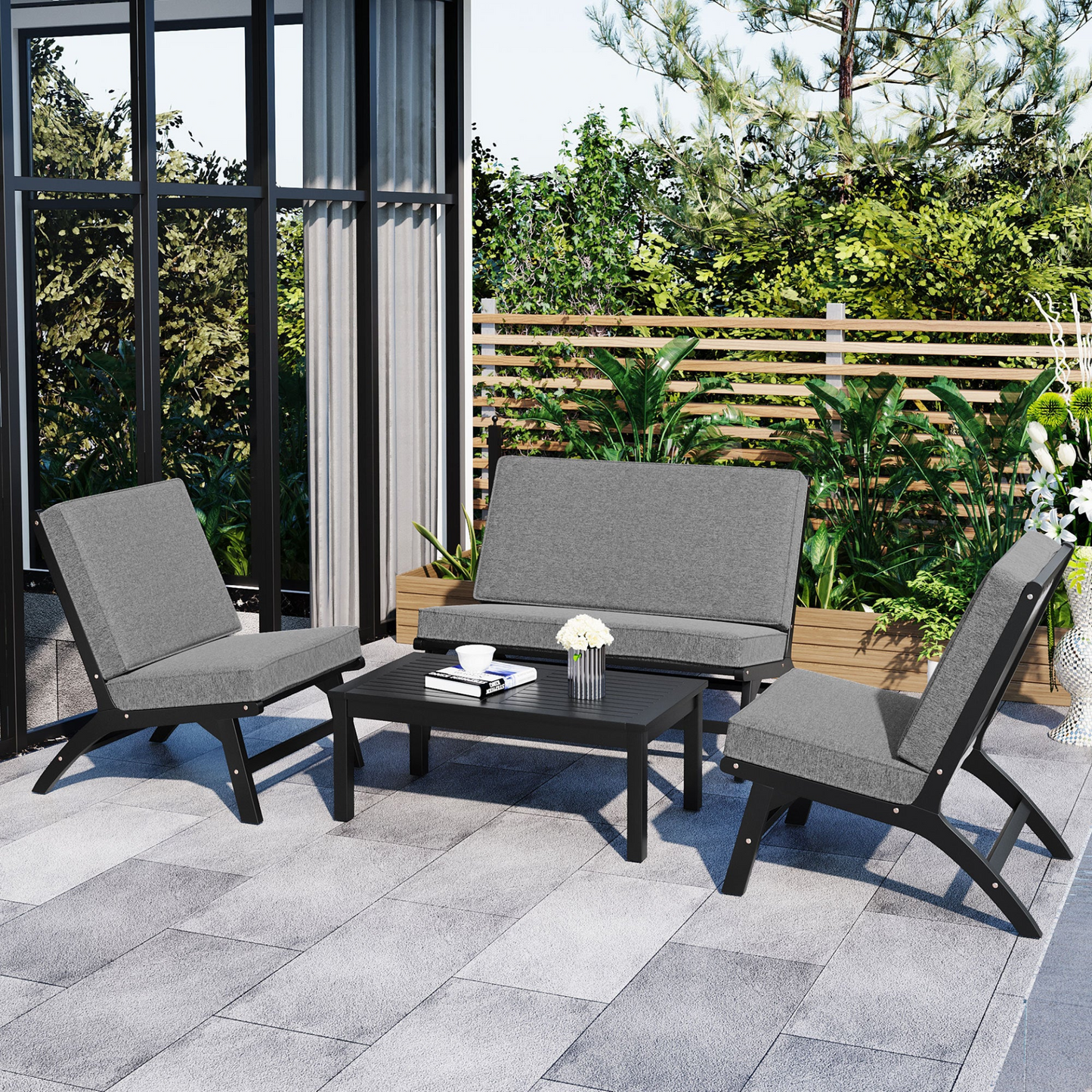 Sofa & Chair sets | 4-Piece V-shaped Seats Set, Acacia Solid Wood Outdoor Sofa - Black and Gray | casafoyer.myshopify.com