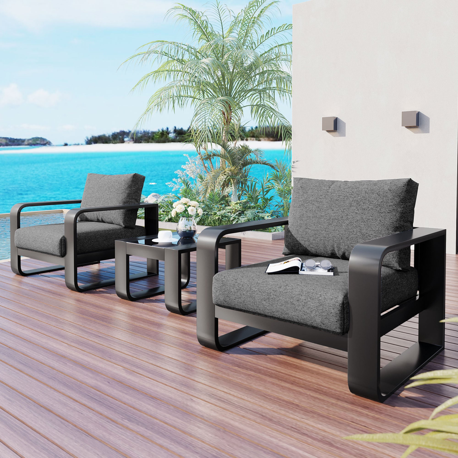 Patio Furntiure Sets | 3-pieces Aluminum Frame Patio Furniture With 6.7inch Thick Cushion And Coffee Table, All Weather Use Olefin fabric Outdoor Chair, Gray And Black | casafoyer.myshopify.com