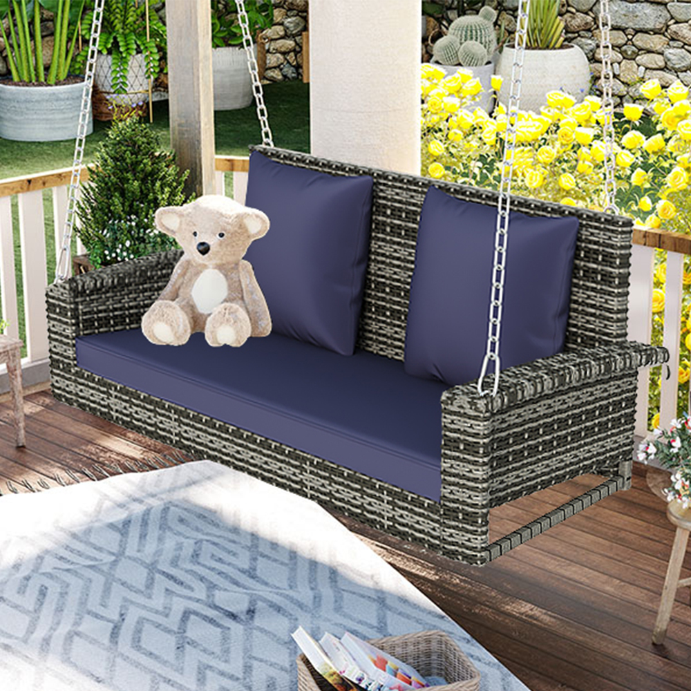 Porch Swing | 2-Person Wicker Hanging Porch Swing with Chains, Cushion, Pillow, Rattan Swing Bench for Garden, Backyard, Pond. (Gray Wicker, Blue Cushion) | casafoyer.myshopify.com