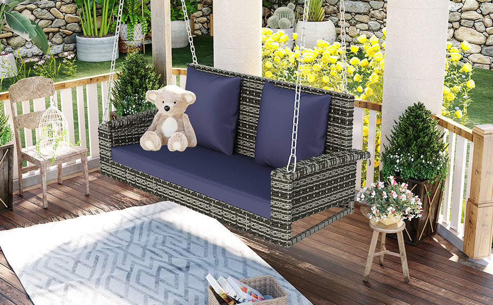 Porch Swing | 2-Person Wicker Hanging Porch Swing with Chains, Cushion, Pillow, Rattan Swing Bench for Garden, Backyard, Pond. (Gray Wicker, Blue Cushion) | casafoyer.myshopify.com