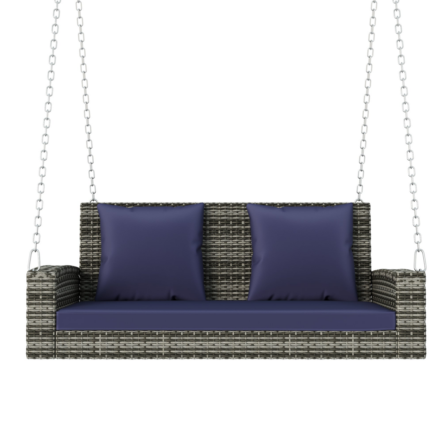 Porch Swing | 2-Person Wicker Hanging Porch Swing with Chains, Cushion, Pillow, Rattan Swing Bench for Garden, Backyard, Pond. (Gray Wicker, Blue Cushion) | casafoyer.myshopify.com