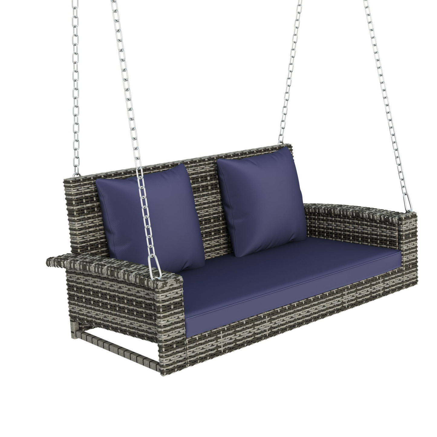 Porch Swing | 2-Person Wicker Hanging Porch Swing with Chains, Cushion, Pillow, Rattan Swing Bench for Garden, Backyard, Pond. (Gray Wicker, Blue Cushion) | casafoyer.myshopify.com