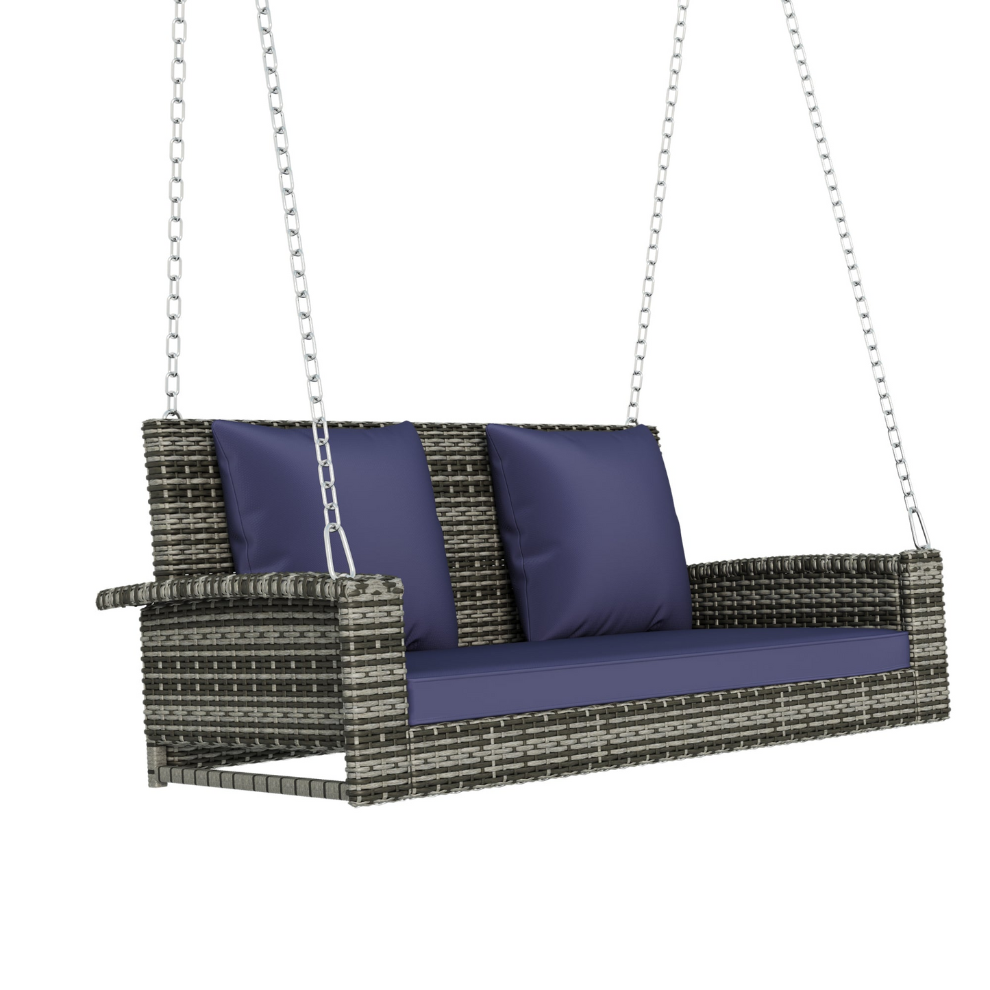 Porch Swing | 2-Person Wicker Hanging Porch Swing with Chains, Cushion, Pillow, Rattan Swing Bench for Garden, Backyard, Pond. (Gray Wicker, Blue Cushion) | casafoyer.myshopify.com