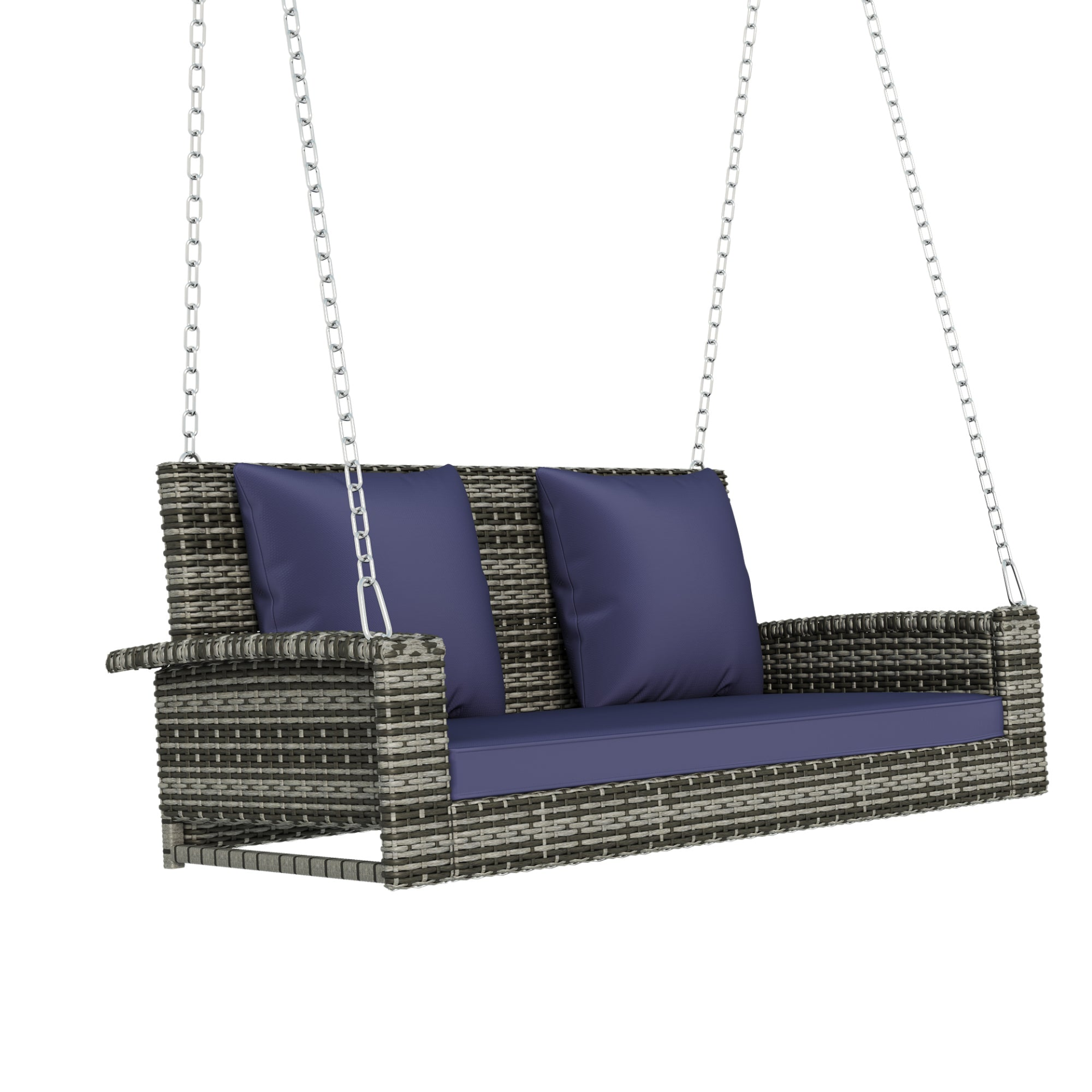 Porch Swing | 2-Person Wicker Hanging Porch Swing with Chains, Cushion, Pillow, Rattan Swing Bench for Garden, Backyard, Pond. (Gray Wicker, Blue Cushion) | casafoyer.myshopify.com