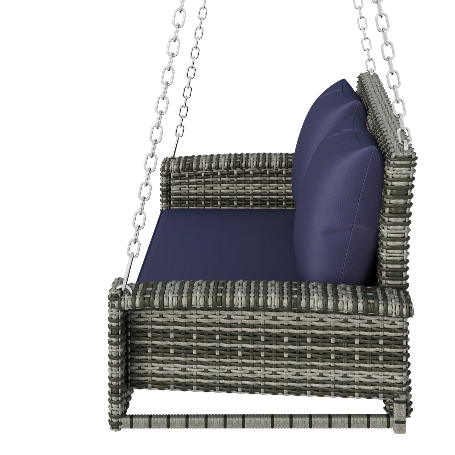 Porch Swing | 2-Person Wicker Hanging Porch Swing with Chains, Cushion, Pillow, Rattan Swing Bench for Garden, Backyard, Pond. (Gray Wicker, Blue Cushion) | casafoyer.myshopify.com