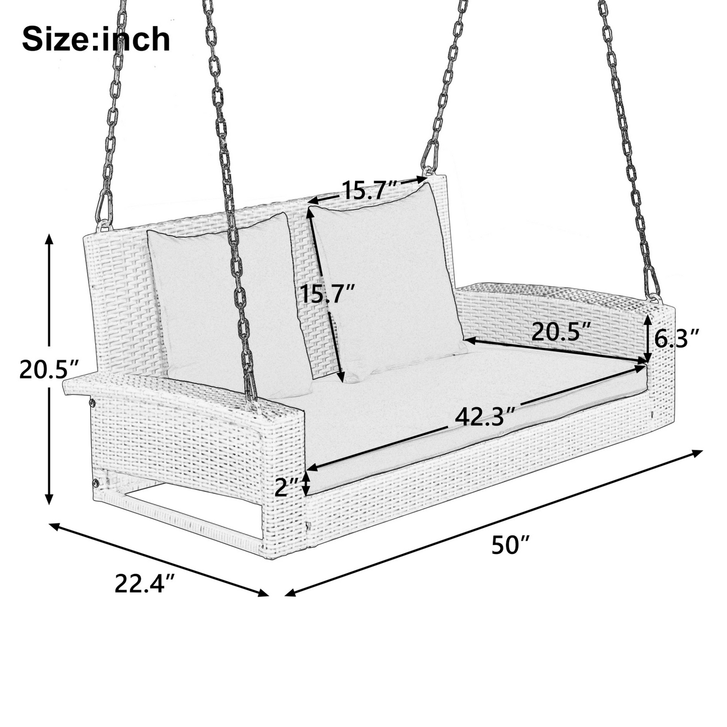 Porch Swing | 2-Person Wicker Hanging Porch Swing with Chains, Cushion, Pillow, Rattan Swing Bench for Garden, Backyard, Pond. (Gray Wicker, Blue Cushion) | casafoyer.myshopify.com