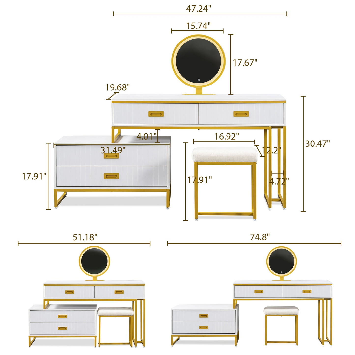 DRESSER | Modern Style Vanity Table With Movable Side Cabinet And 4-Drawers | casafoyer.myshopify.com