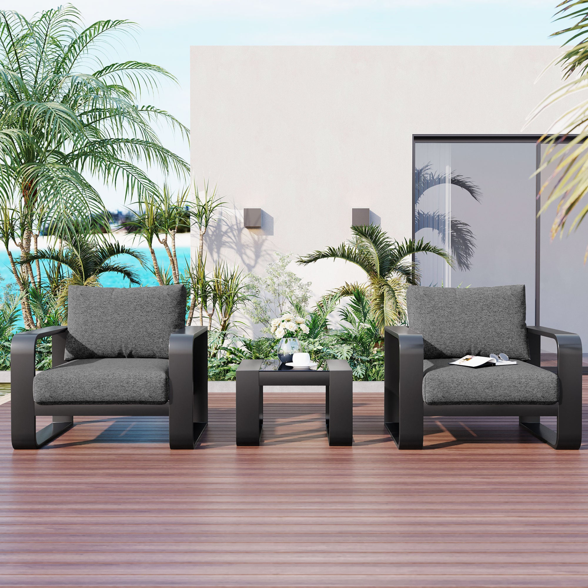 Patio Furntiure Sets | 3-pieces Aluminum Frame Patio Furniture With 6.7inch Thick Cushion And Coffee Table, All Weather Use Olefin fabric Outdoor Chair, Gray And Black | casafoyer.myshopify.com