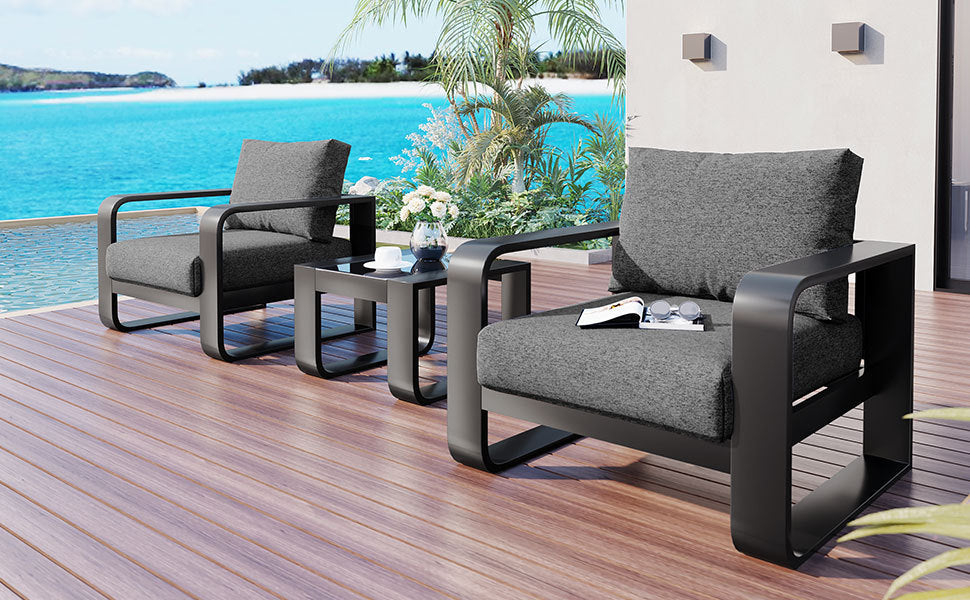 Patio Furntiure Sets | 3-pieces Aluminum Frame Patio Furniture With 6.7inch Thick Cushion And Coffee Table, All Weather Use Olefin fabric Outdoor Chair, Gray And Black | casafoyer.myshopify.com