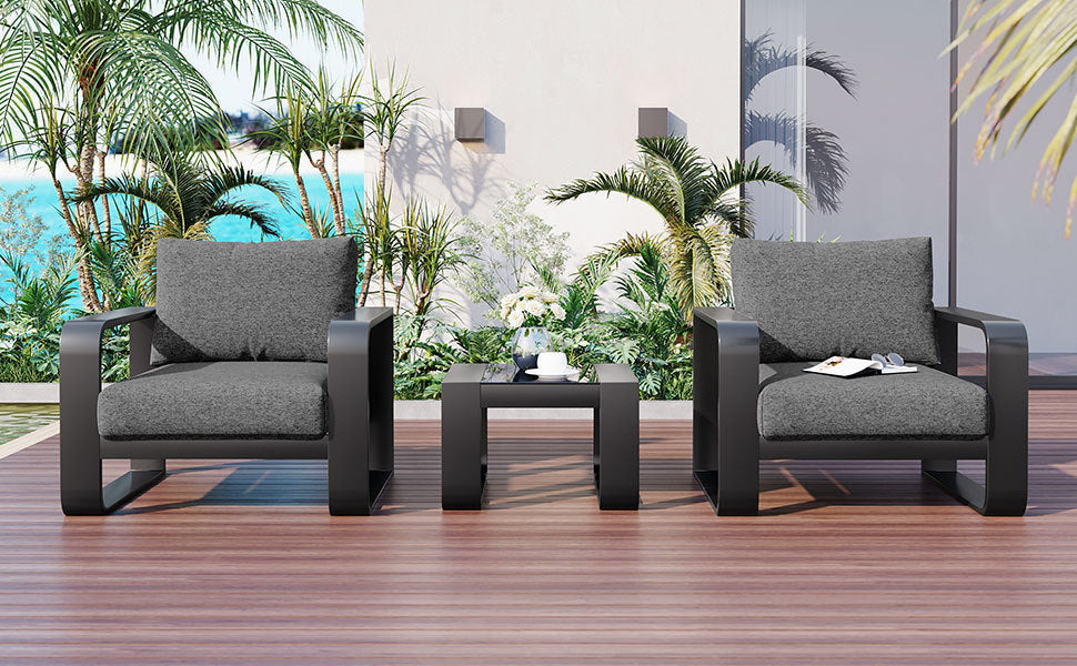 Patio Furntiure Sets | 3-pieces Aluminum Frame Patio Furniture With 6.7inch Thick Cushion And Coffee Table, All Weather Use Olefin fabric Outdoor Chair, Gray And Black | casafoyer.myshopify.com