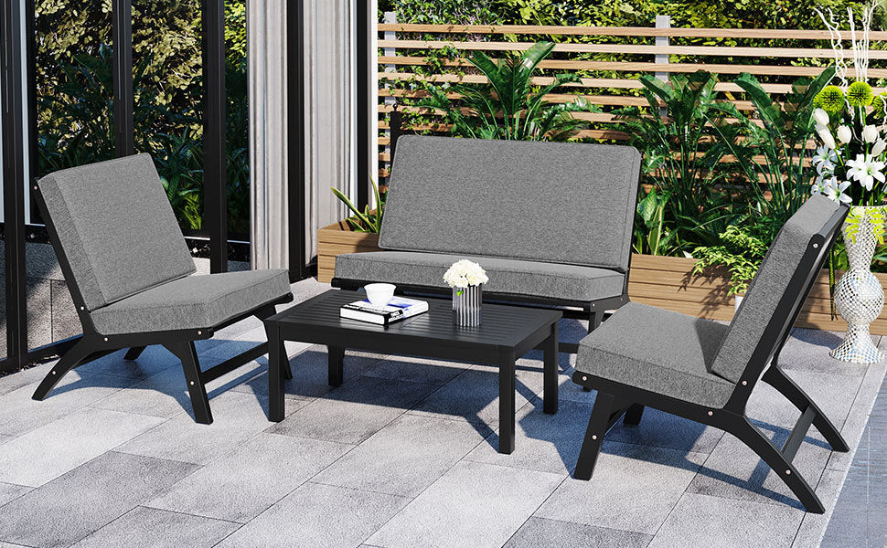 Sofa & Chair sets | 4-Piece V-shaped Seats Set, Acacia Solid Wood Outdoor Sofa - Black and Gray | casafoyer.myshopify.com