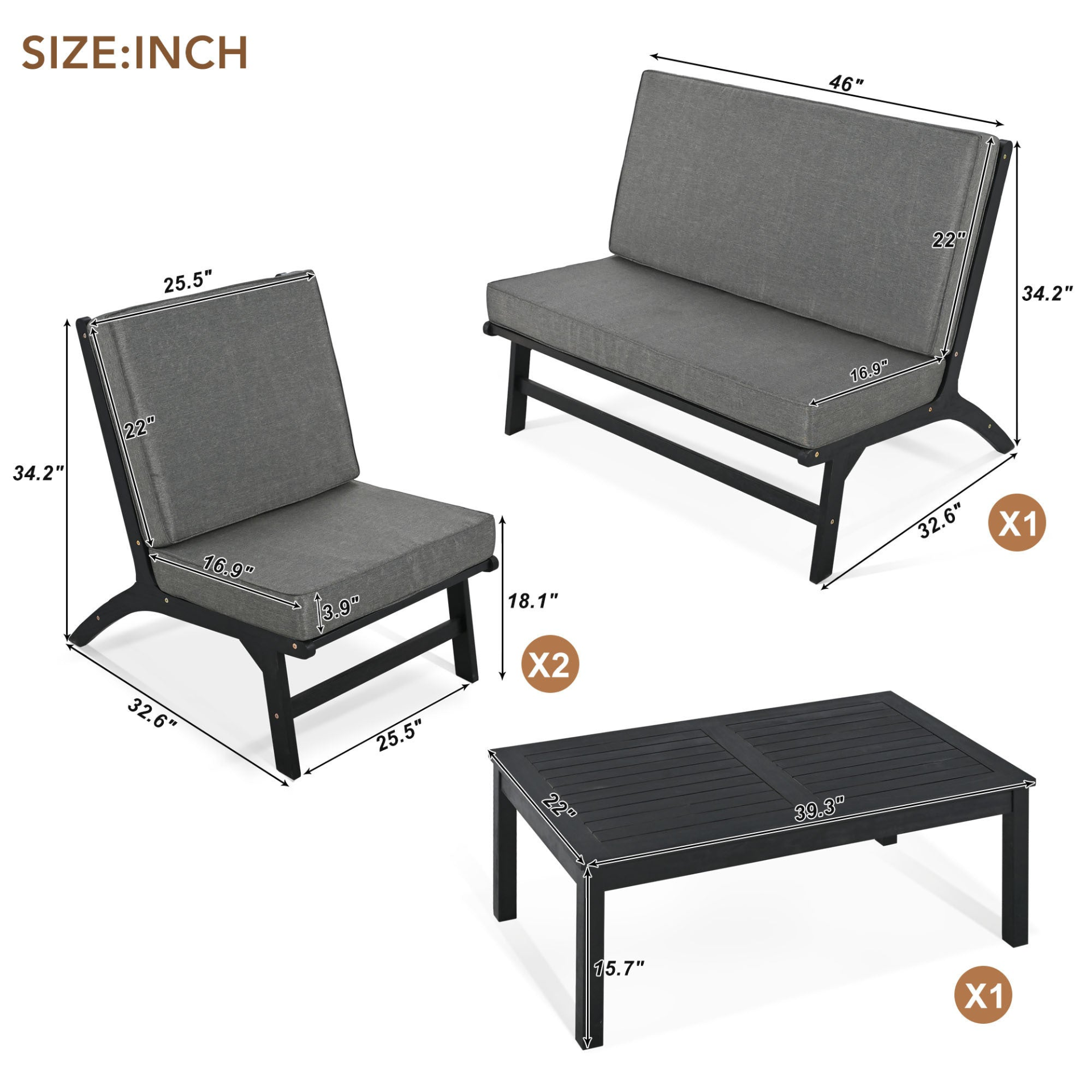 Sofa & Chair sets | 4-Piece V-shaped Seats Set, Acacia Solid Wood Outdoor Sofa - Black and Gray | casafoyer.myshopify.com