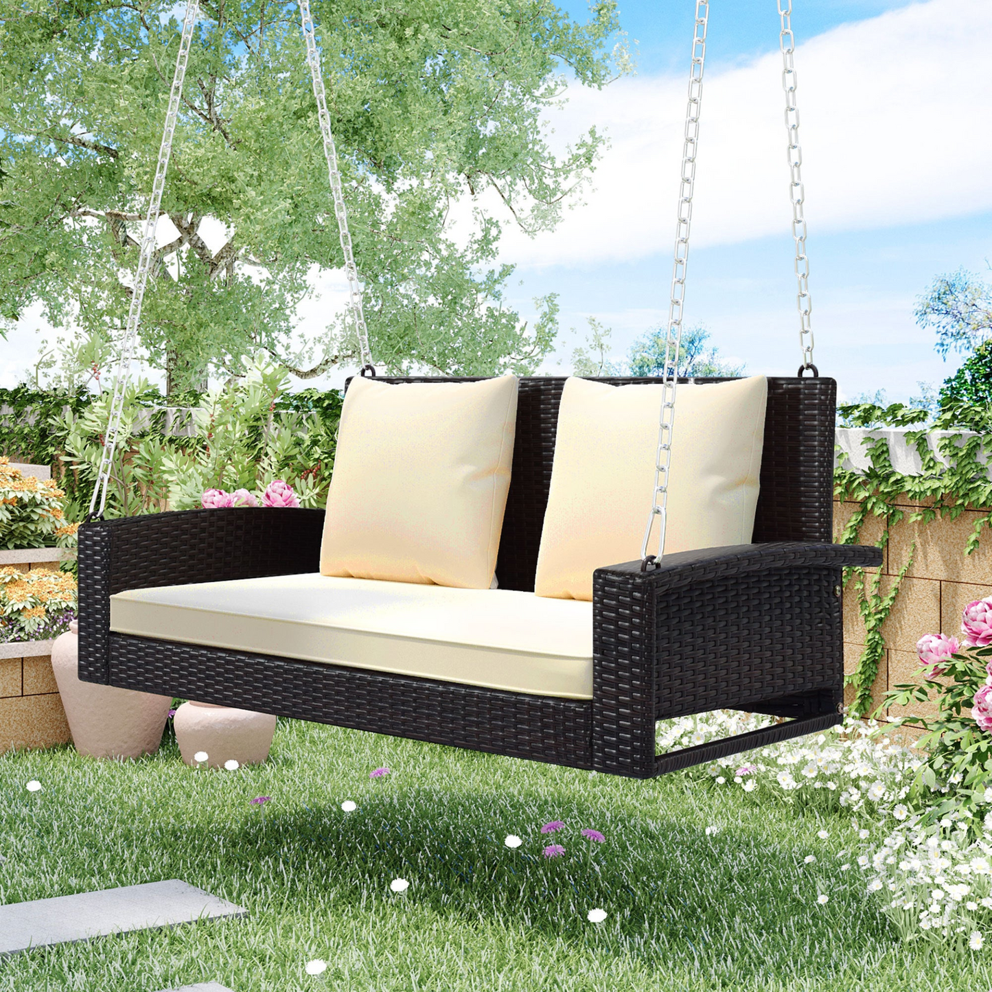 Porch Swing | 2-Person Wicker Hanging Porch Swing with Chains, Cushion, Pillow, Rattan Swing Bench | casafoyer.myshopify.com