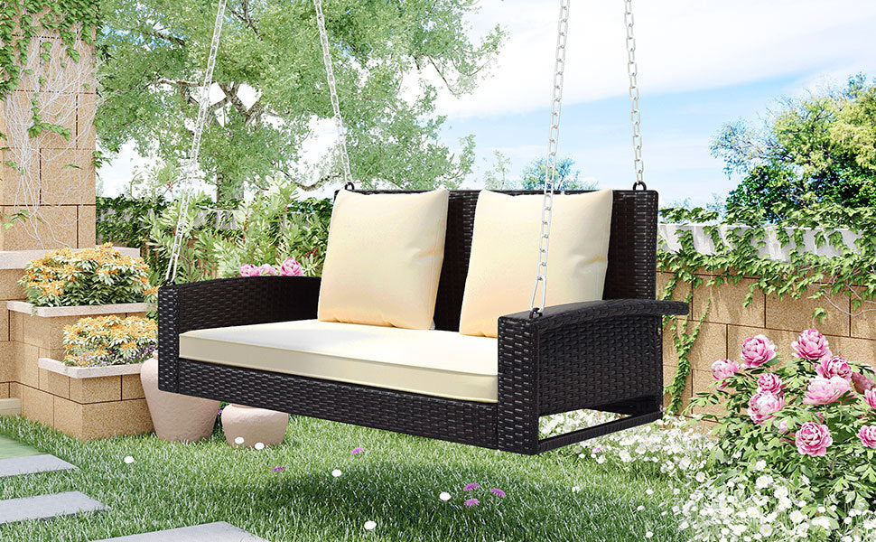 Porch Swing | 2-Person Wicker Hanging Porch Swing with Chains, Cushion, Pillow, Rattan Swing Bench | casafoyer.myshopify.com