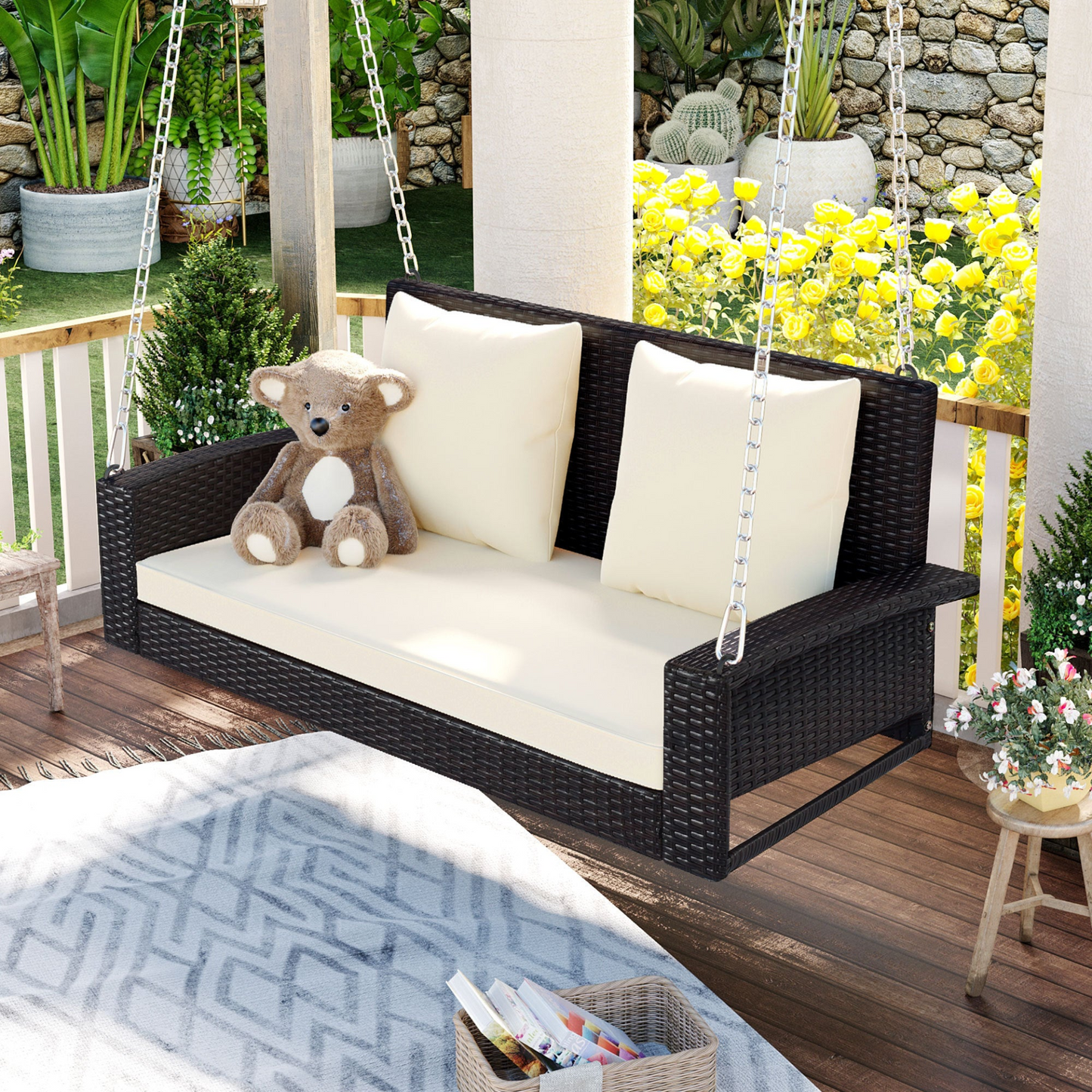 Porch Swing | 2-Person Wicker Hanging Porch Swing with Chains, Cushion, Pillow, Rattan Swing Bench | casafoyer.myshopify.com