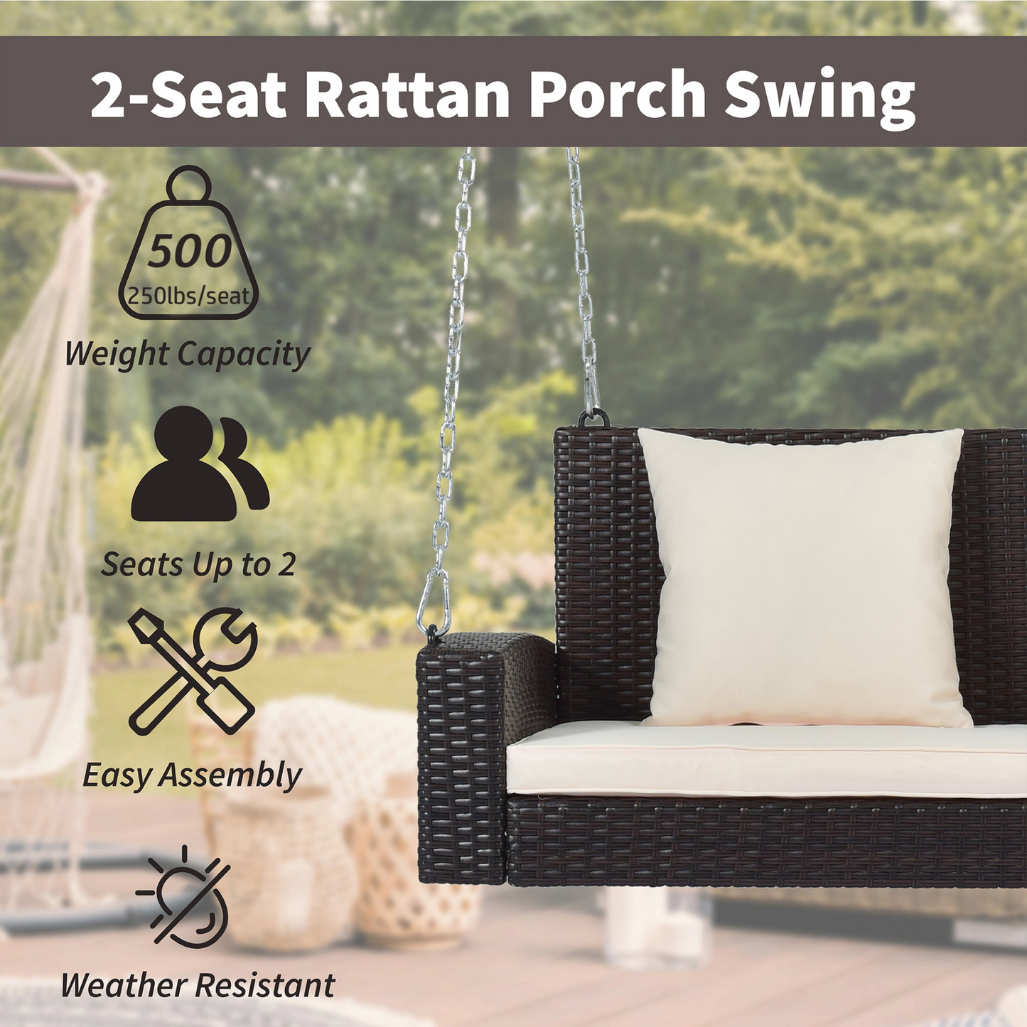 Porch Swing | 2-Person Wicker Hanging Porch Swing with Chains, Cushion, Pillow, Rattan Swing Bench | casafoyer.myshopify.com