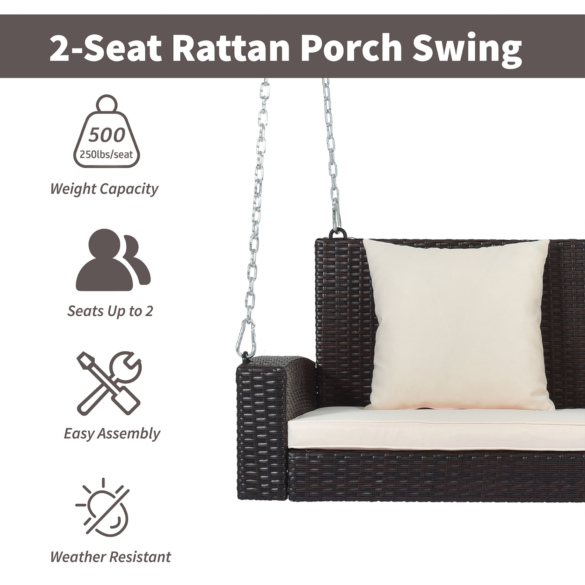 Porch Swing | 2-Person Wicker Hanging Porch Swing with Chains, Cushion, Pillow, Rattan Swing Bench | casafoyer.myshopify.com