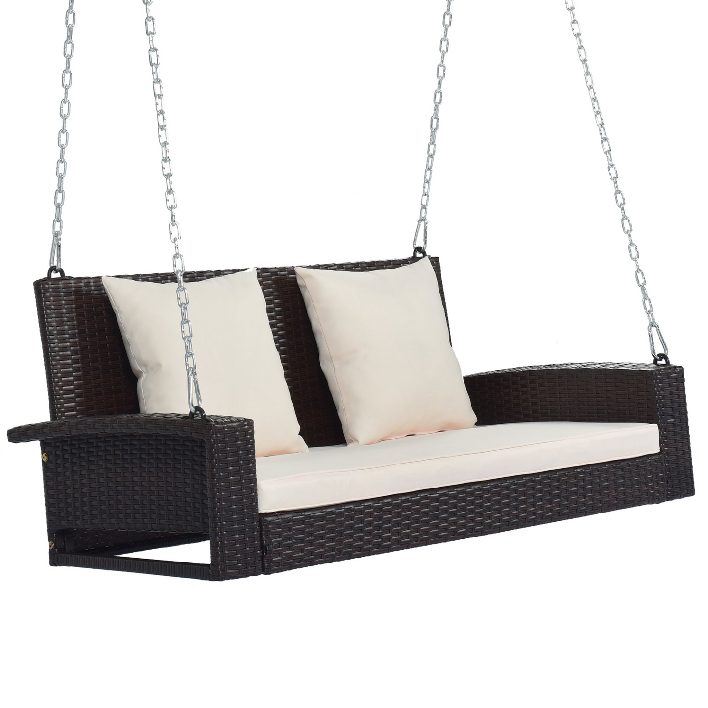 Porch Swing | 2-Person Wicker Hanging Porch Swing with Chains, Cushion, Pillow, Rattan Swing Bench | casafoyer.myshopify.com