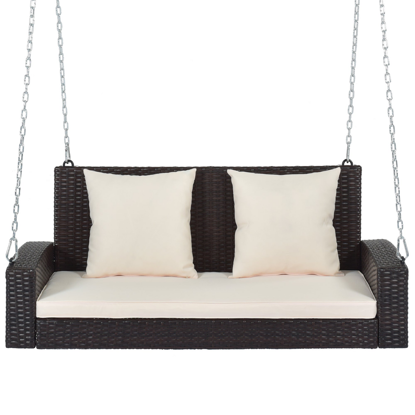 Porch Swing | 2-Person Wicker Hanging Porch Swing with Chains, Cushion, Pillow, Rattan Swing Bench | casafoyer.myshopify.com