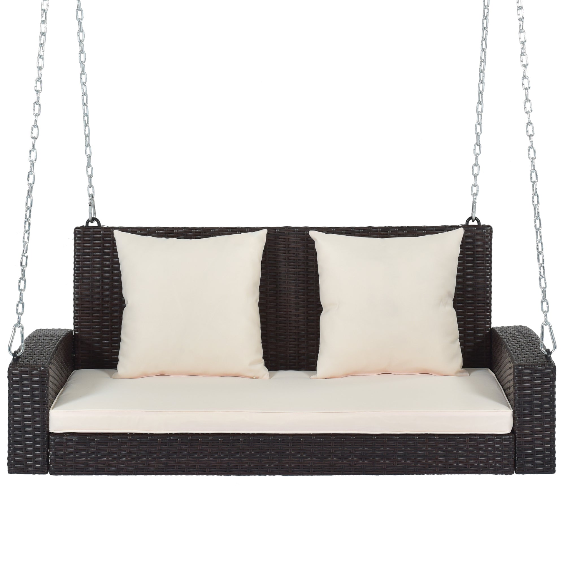 Porch Swing | 2-Person Wicker Hanging Porch Swing with Chains, Cushion, Pillow, Rattan Swing Bench | casafoyer.myshopify.com