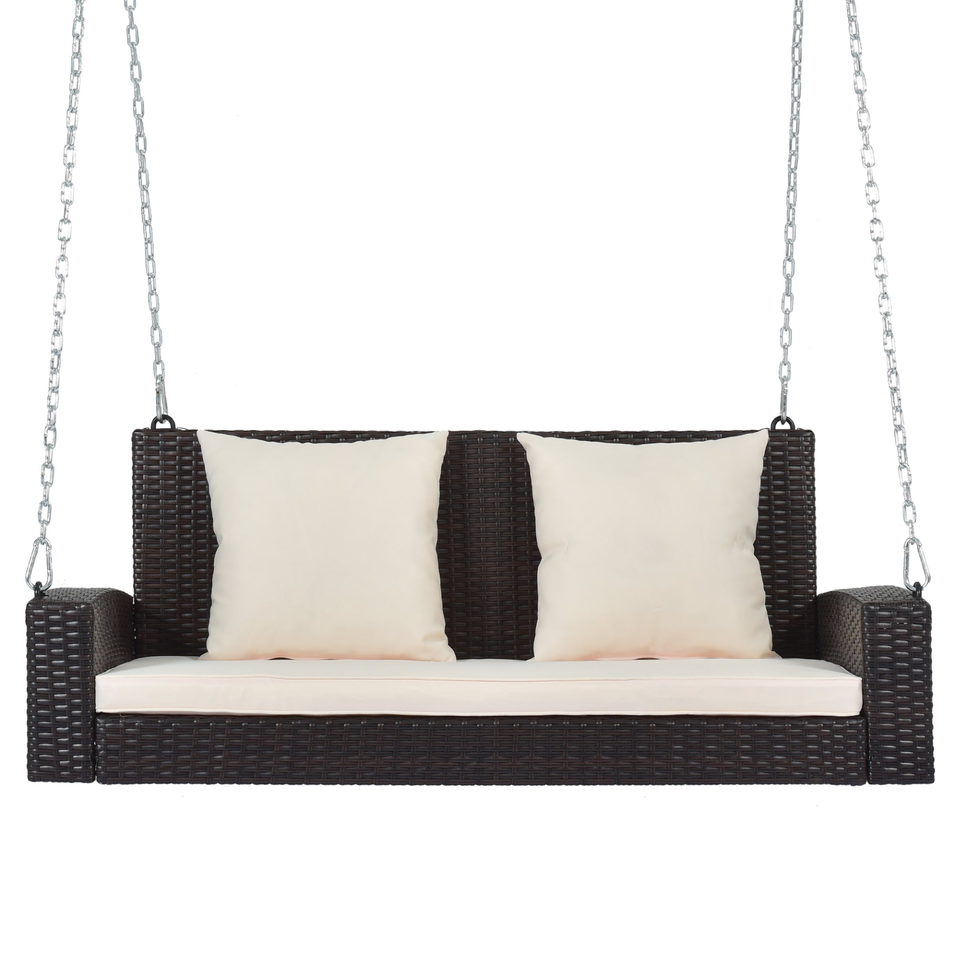 Porch Swing | 2-Person Wicker Hanging Porch Swing with Chains, Cushion, Pillow, Rattan Swing Bench | casafoyer.myshopify.com