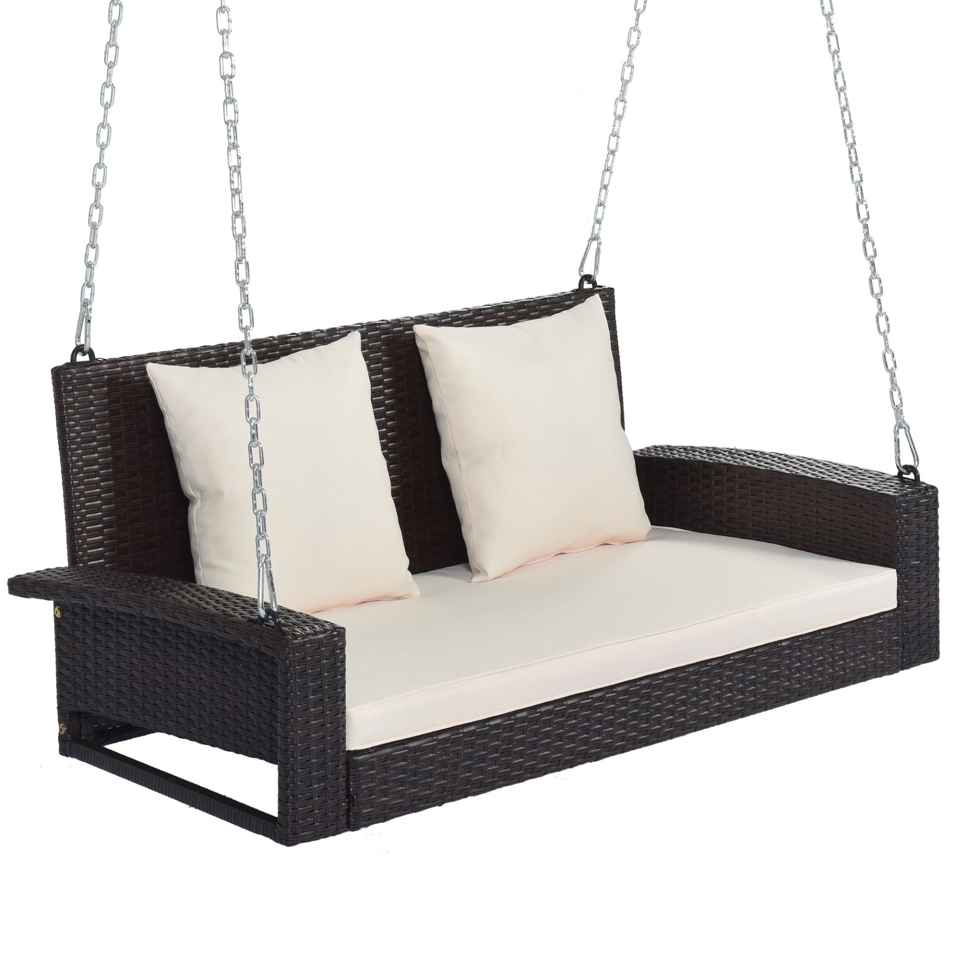 Porch Swing | 2-Person Wicker Hanging Porch Swing with Chains, Cushion, Pillow, Rattan Swing Bench | casafoyer.myshopify.com