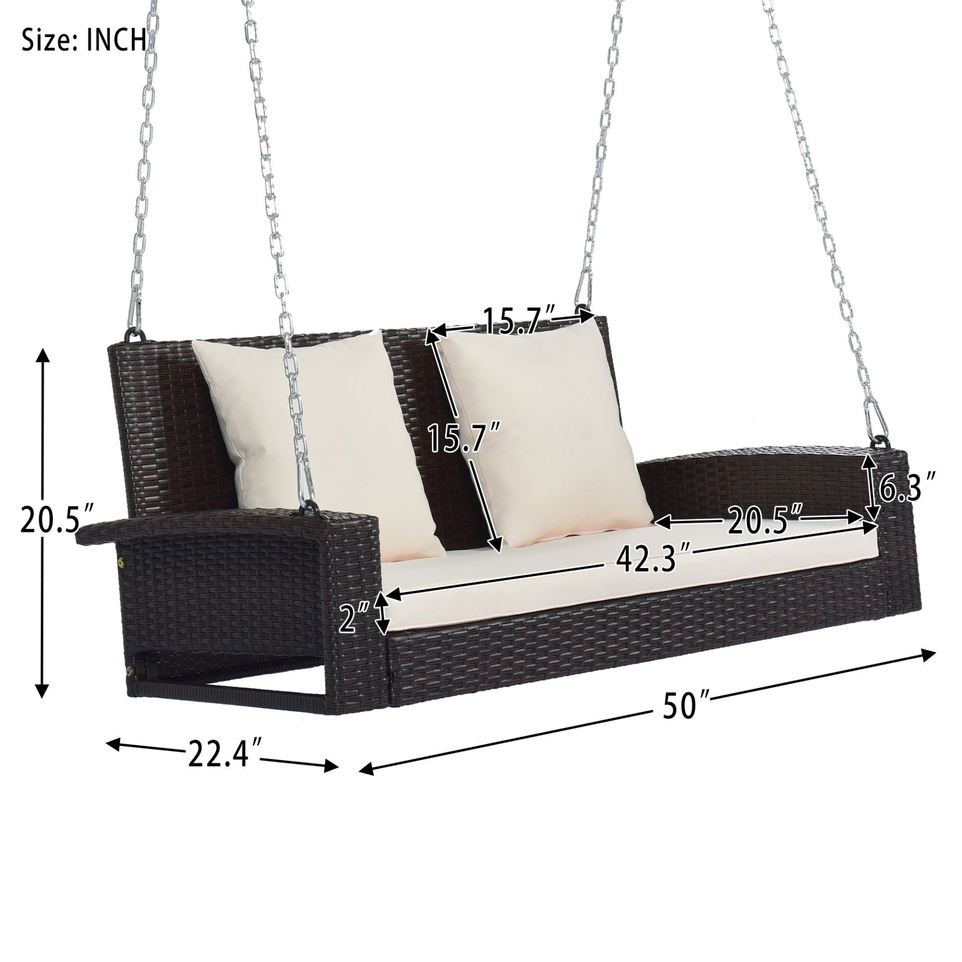 Porch Swing | 2-Person Wicker Hanging Porch Swing with Chains, Cushion, Pillow, Rattan Swing Bench | casafoyer.myshopify.com