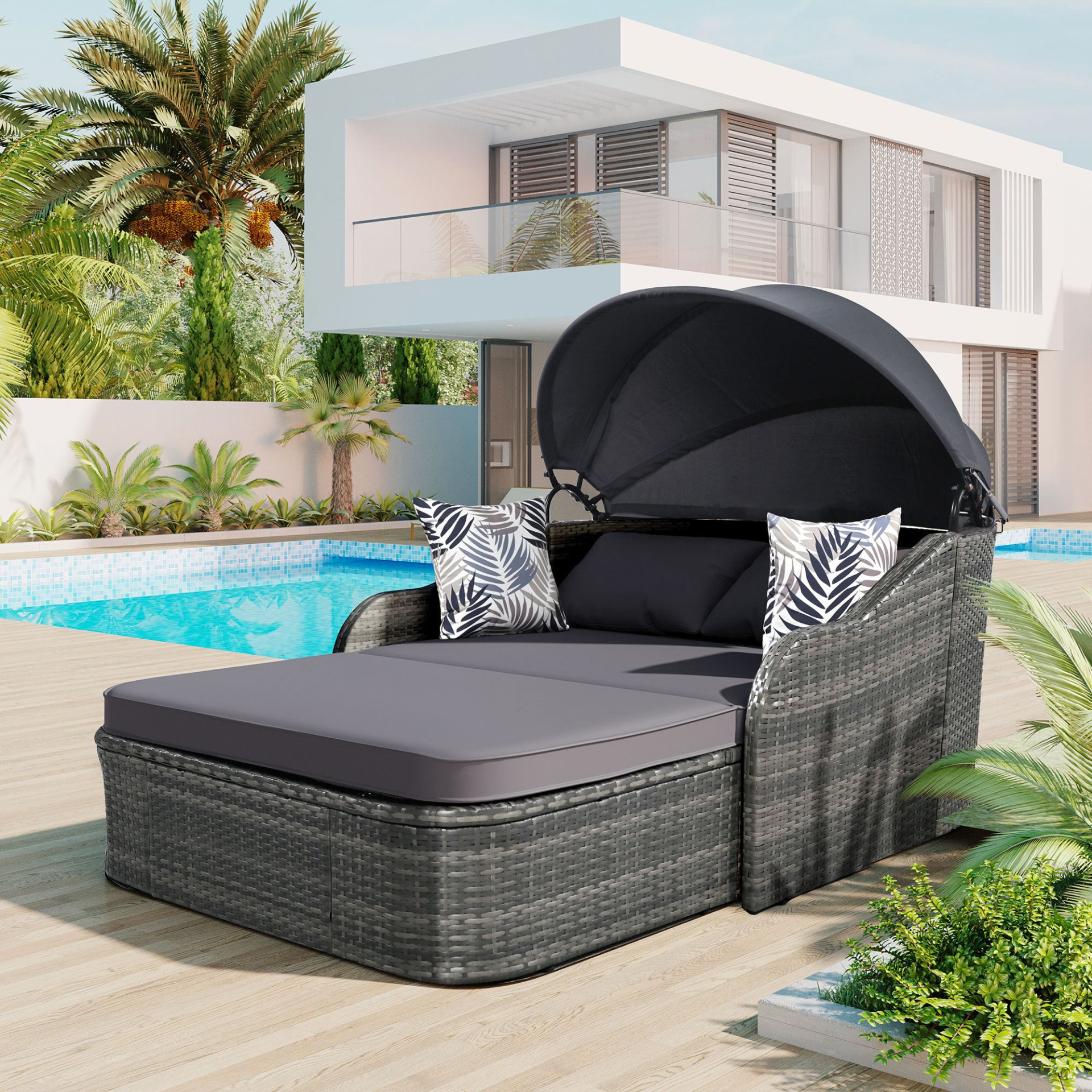 [product_type] | 79.9" Outdoor Sunbed with Adjustable Canopy, Double Lounge, PE Rattan Daybed, Gray Wicker and Cushion | casafoyer.myshopify.com