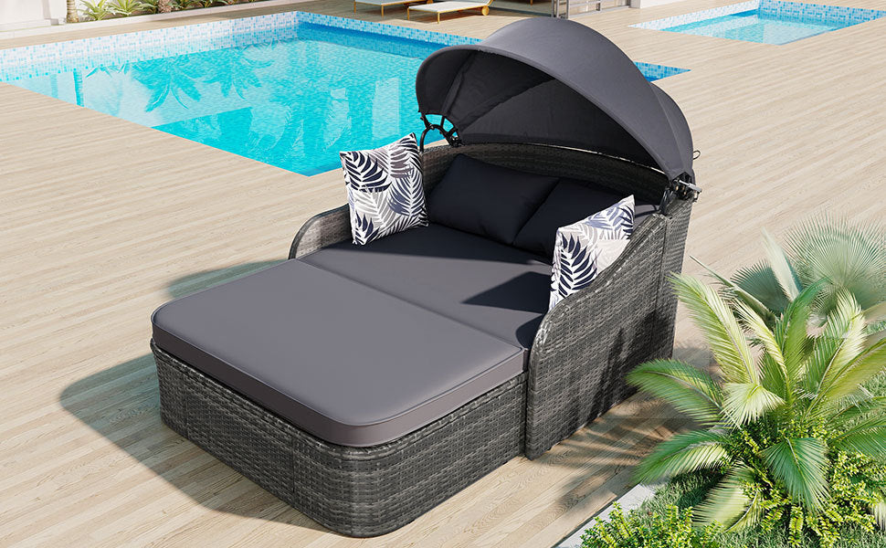 [product_type] | 79.9" Outdoor Sunbed with Adjustable Canopy, Double Lounge, PE Rattan Daybed, Gray Wicker and Cushion | casafoyer.myshopify.com