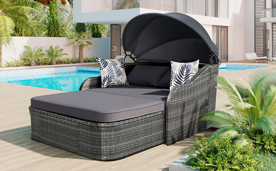 [product_type] | 79.9" Outdoor Sunbed with Adjustable Canopy, Double Lounge, PE Rattan Daybed, Gray Wicker and Cushion | casafoyer.myshopify.com